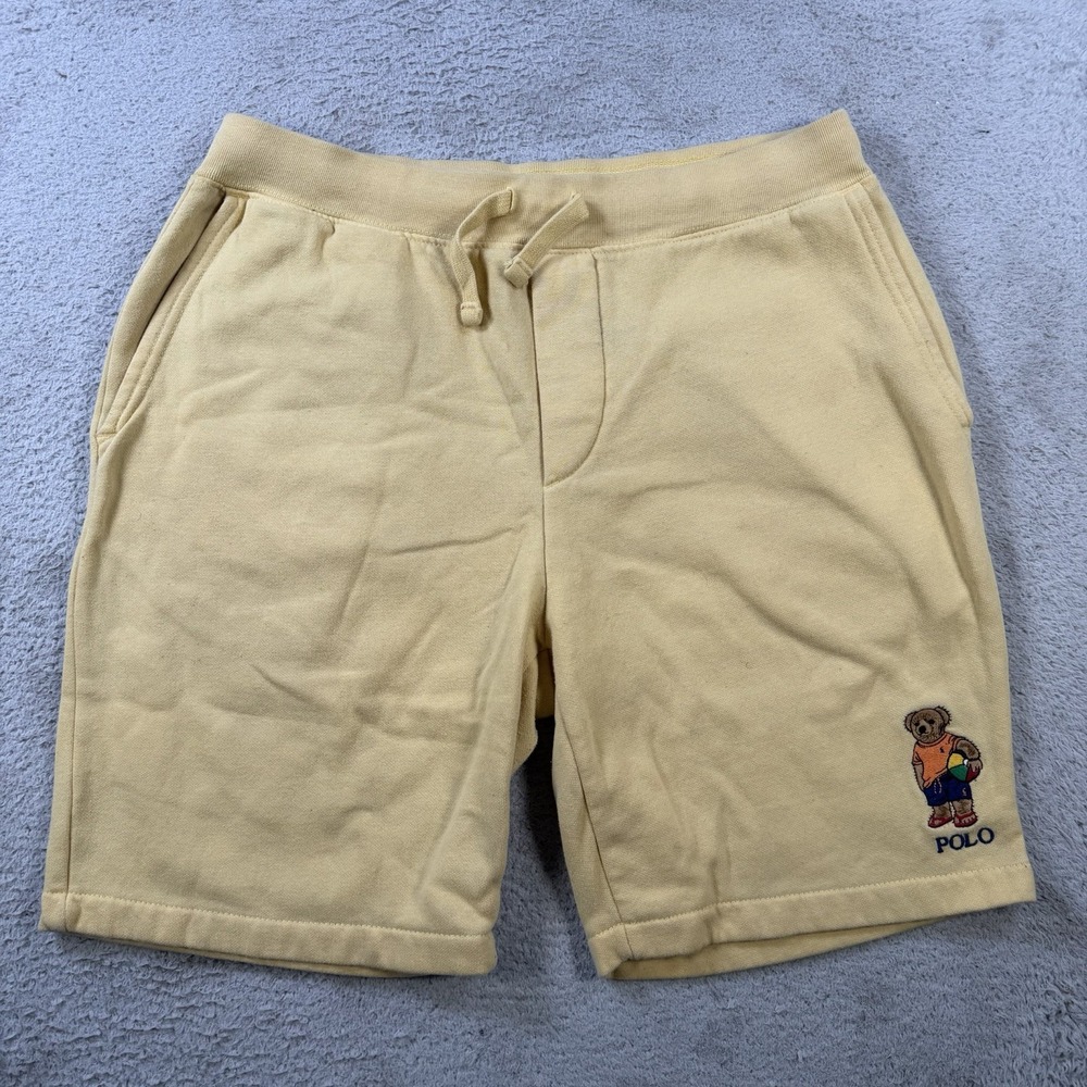 Polo Ralph Lauren Shorts Mens Small Yellow Bear Fleece Sweat Drawstring Beach